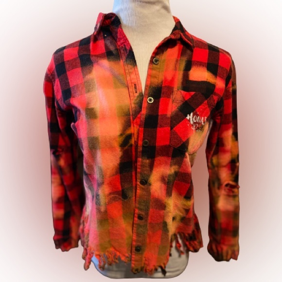 Custom Red and Black Button Up Flannel Fall or Halloween Top - Picture 1 of 8